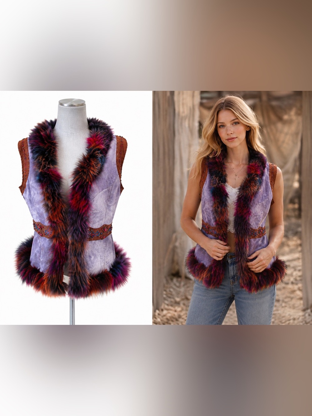 NWT Pretty Angel Sasha Faux Fur Trim Beaded Boho Vest Wool Blend Size L